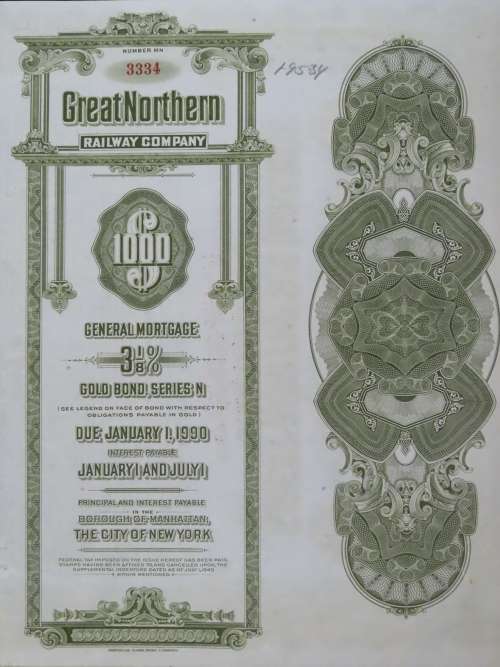 1945 Great Northern Railway Company, $1000 Gold Bond Certificate 3334