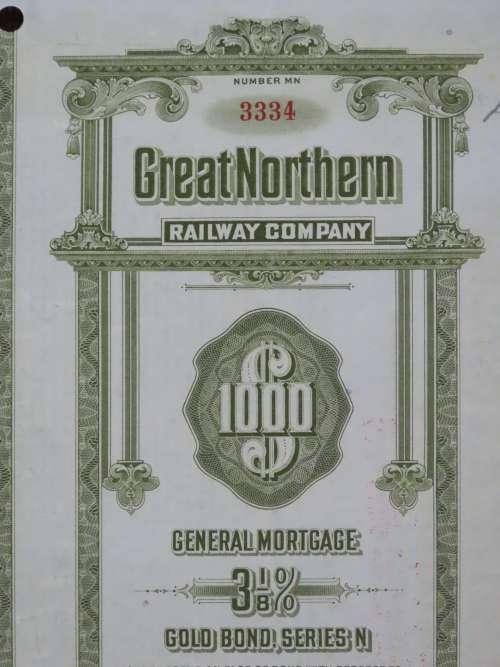 1945 Great Northern Railway Company, $1000 Gold Bond Certificate 3334