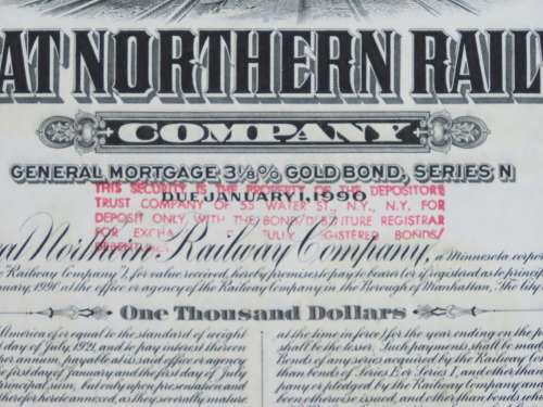 1945 Great Northern Railway Company, $1000 Gold Bond Certificate 3334