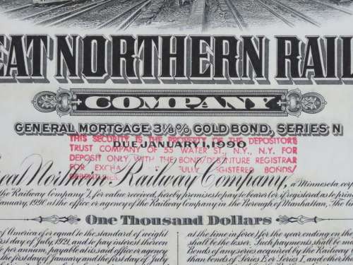 1945 Great Northern Railway Company, $1000 Gold Bond Certificate 3334