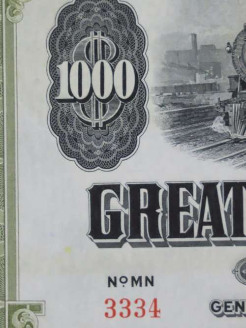 1945 Great Northern Railway Company, $1000 Gold Bond Certificate 3334