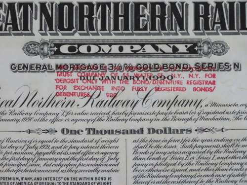 1945 Great Northern Railway Company, $1000 Gold Bond Certificate 23502