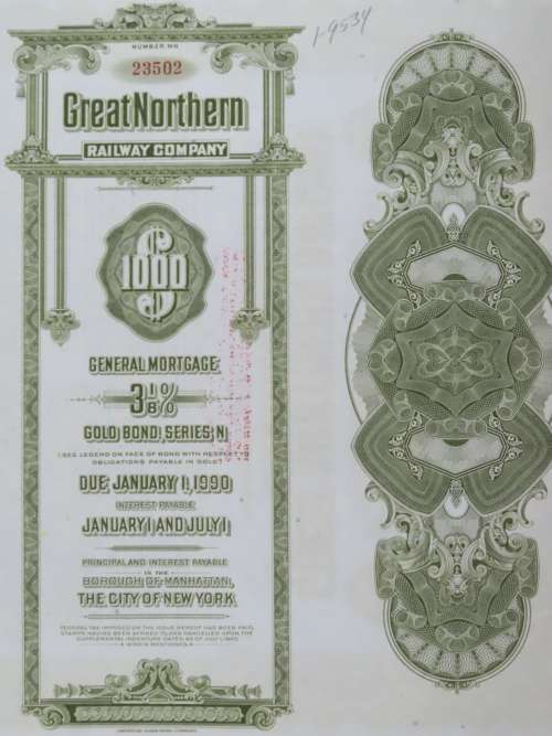 1945 Great Northern Railway Company, $1000 Gold Bond Certificate 23502