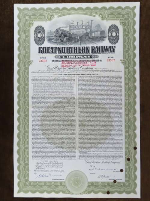 1945 Great Northern Railway Company, $1000 Gold Bond Certificate 23502
