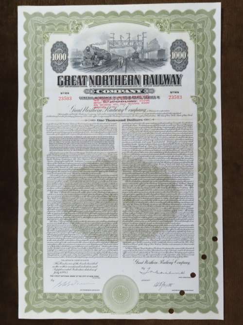 1945 Great Northern Railway Company, $1000 Gold Bond Certificate 23503