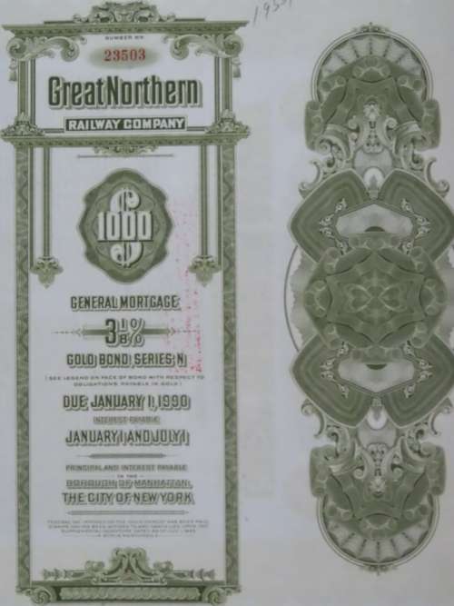 1945 Great Northern Railway Company, $1000 Gold Bond Certificate 23503