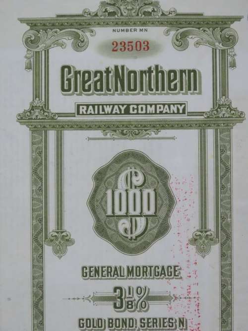1945 Great Northern Railway Company, $1000 Gold Bond Certificate 23503