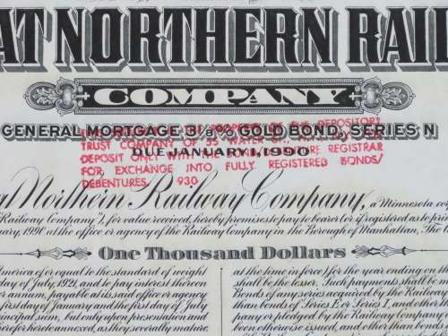 1945 Great Northern Railway Company, $1000 Gold Bond Certificate 23503