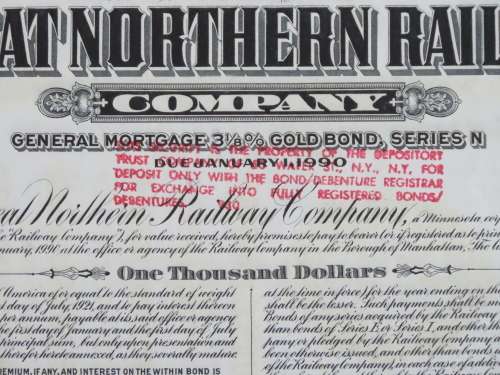 1945 Great Northern Railway Company, $1000 Gold Bond Certificate 23504
