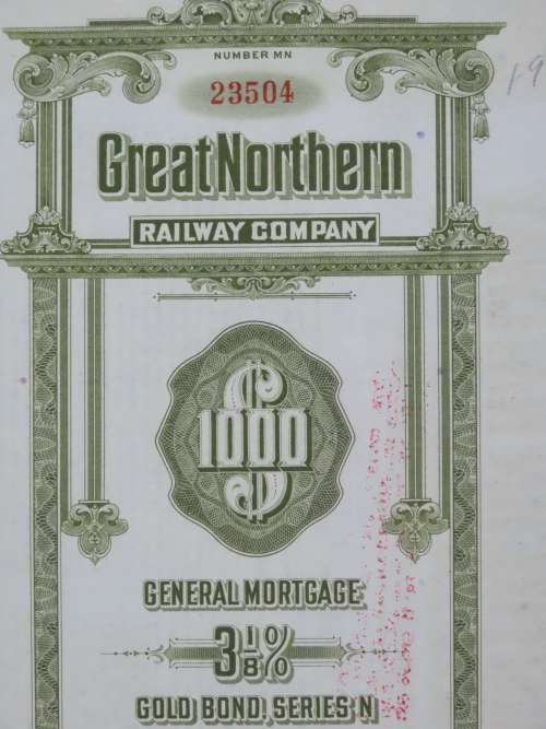 1945 Great Northern Railway Company, $1000 Gold Bond Certificate 23504