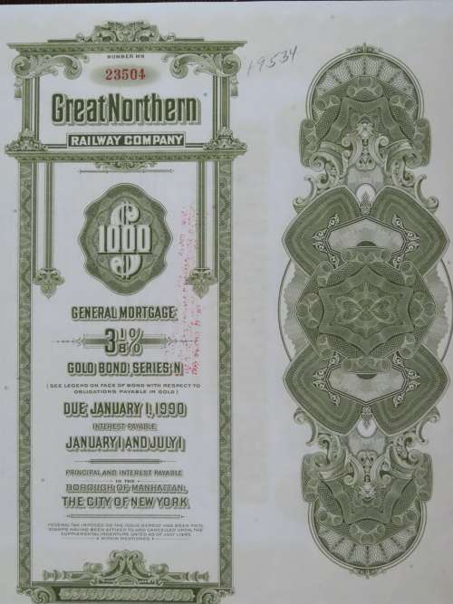 1945 Great Northern Railway Company, $1000 Gold Bond Certificate 23504