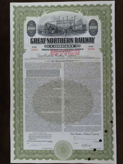 1945 Great Northern Railway Company, $1000 Gold Bond Certificate 23504