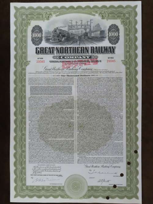 1945 Great Northern Railway Company, $1000 Gold Bond Certificate 23505