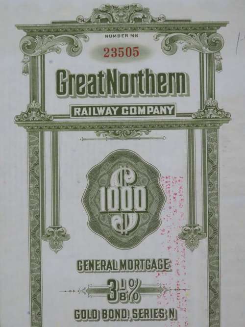 1945 Great Northern Railway Company, $1000 Gold Bond Certificate 23505