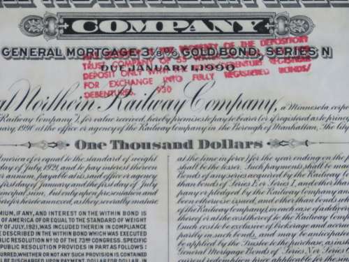 1945 Great Northern Railway Company, $1000 Gold Bond Certificate 23505