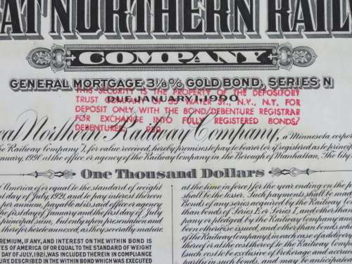 1945 Great Northern Railway Company, $1000 Gold Bond Certificate 23506