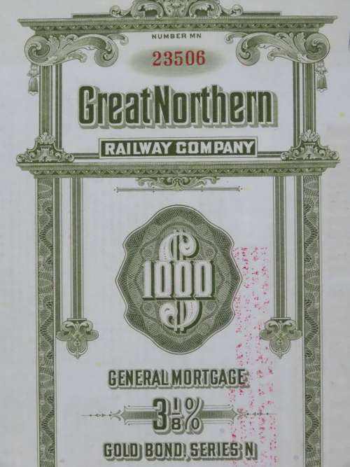 1945 Great Northern Railway Company, $1000 Gold Bond Certificate 23506