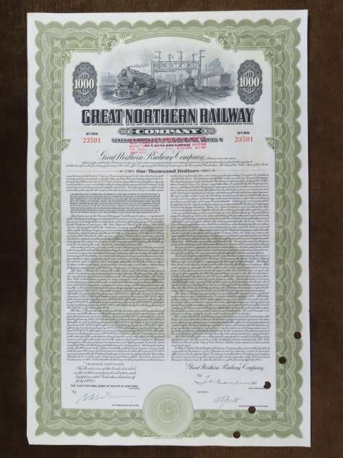 1945 Great Northern Railway Company, $1000 Gold Bond Certificate 23501