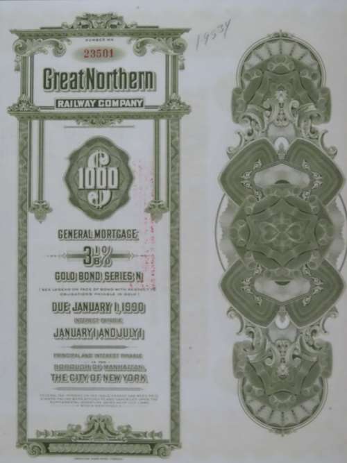 1945 Great Northern Railway Company, $1000 Gold Bond Certificate 23501