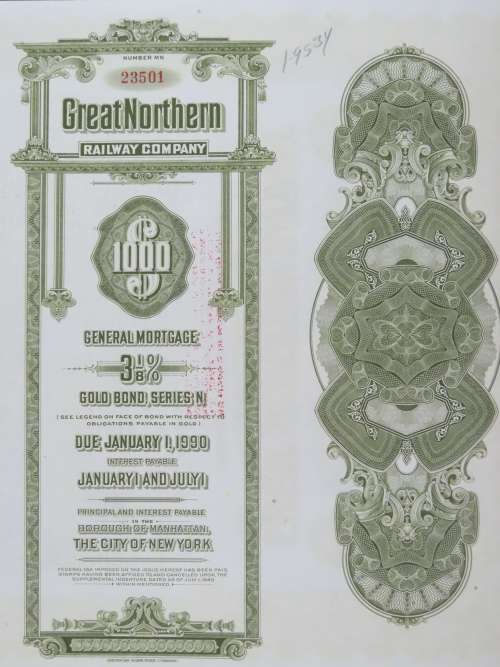 1945 Great Northern Railway Company, $1000 Gold Bond Certificate 23501