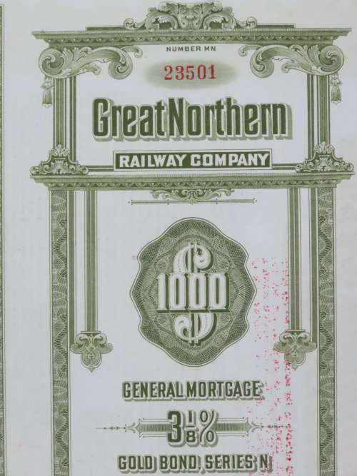 1945 Great Northern Railway Company, $1000 Gold Bond Certificate 23501