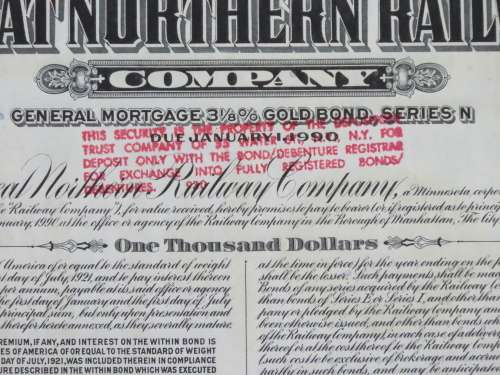 1945 Great Northern Railway Company, $1000 Gold Bond Certificate 23464