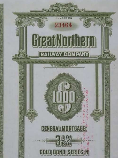 1945 Great Northern Railway Company, $1000 Gold Bond Certificate 23464