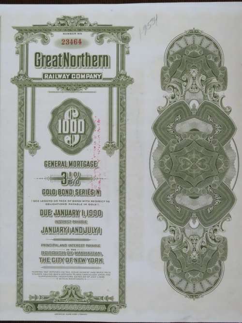 1945 Great Northern Railway Company, $1000 Gold Bond Certificate 23464
