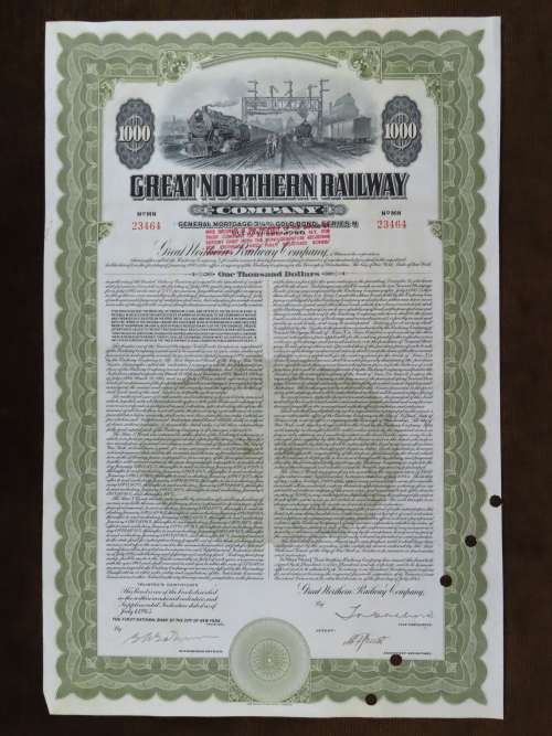 1945 Great Northern Railway Company, $1000 Gold Bond Certificate 23464