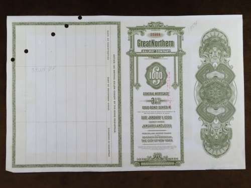 1945 Great Northern Railway Company, $1000 Gold Bond Certificate 23464