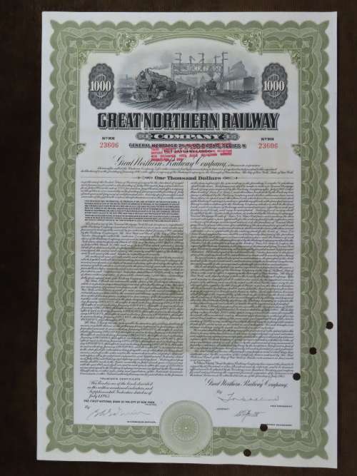 1945 Great Northern Railway Company, $1000 Gold Bond Certificate 23606