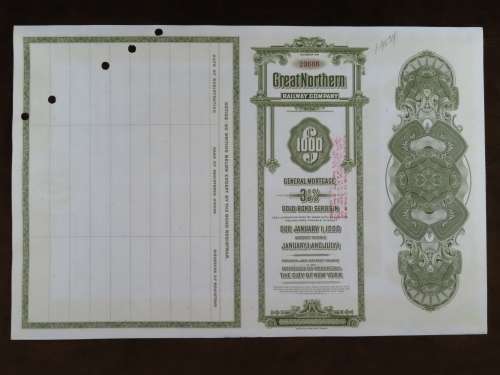 1945 Great Northern Railway Company, $1000 Gold Bond Certificate 23606