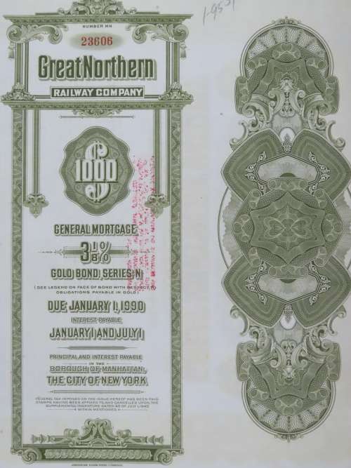 1945 Great Northern Railway Company, $1000 Gold Bond Certificate 23606