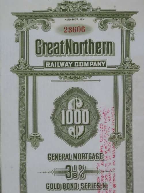 1945 Great Northern Railway Company, $1000 Gold Bond Certificate 23606