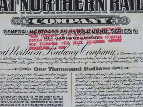 1945 Great Northern Railway Company, $1000 Gold Bond Certificate 23606