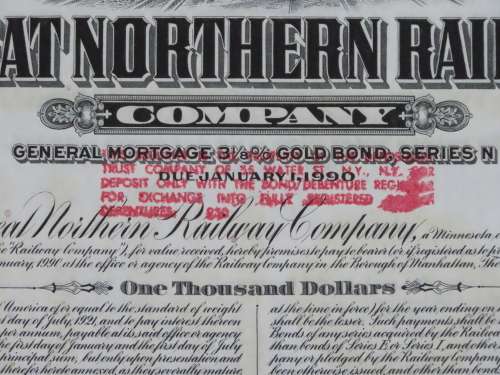 1945 Great Northern Railway Company, $1000 Gold Bond Certificate 23607