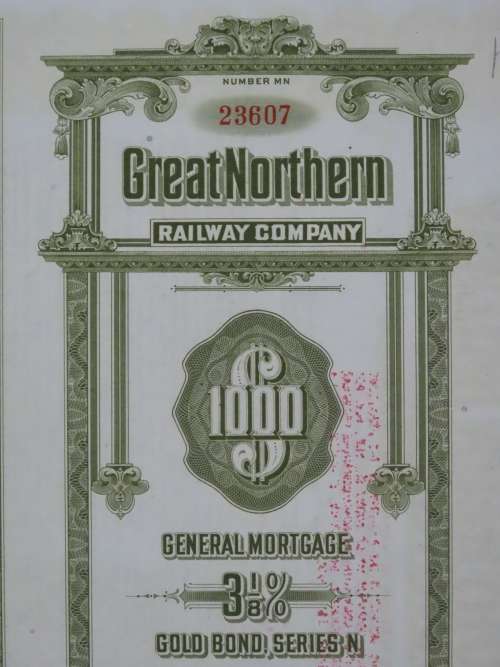 1945 Great Northern Railway Company, $1000 Gold Bond Certificate 23607
