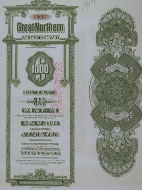 1945 Great Northern Railway Company, $1000 Gold Bond Certificate 23607