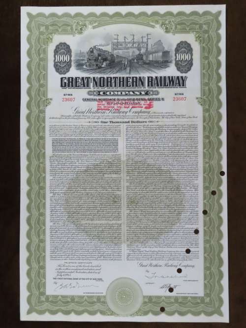 1945 Great Northern Railway Company, $1000 Gold Bond Certificate 23607