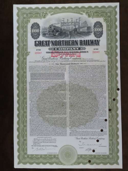1945 Great Northern Railway Company, $1000 Gold Bond Certificate 23587