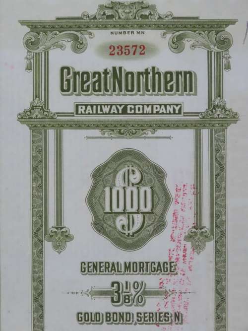 1945 Great Northern Railway Company, $1000 Gold Bond Certificate 23572