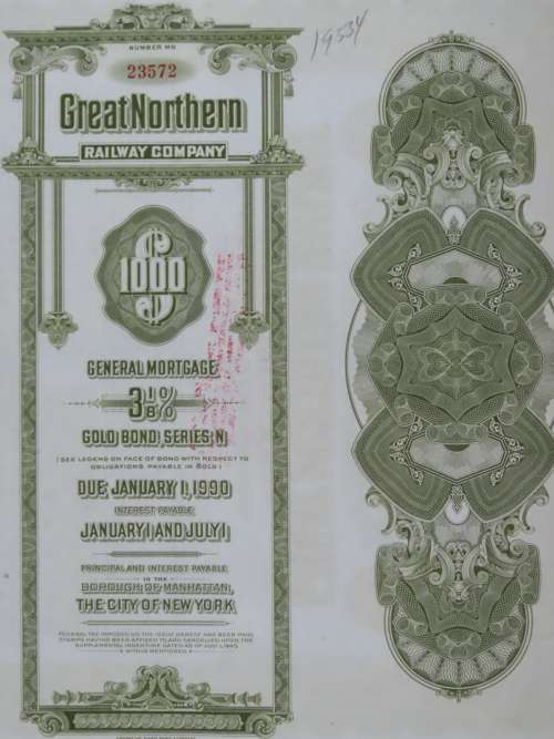 1945 Great Northern Railway Company, $1000 Gold Bond Certificate 23572