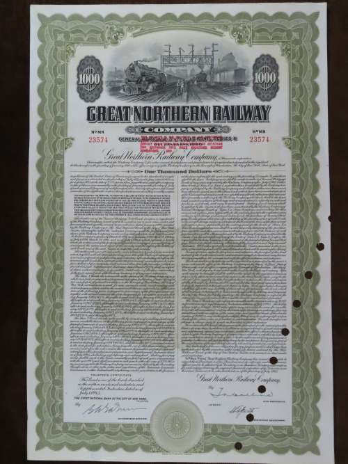 1945 Great Northern Railway Company, $1000 Gold Bond Certificate 23574