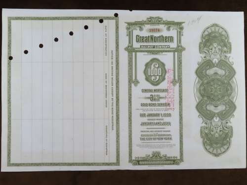 1945 Great Northern Railway Company, $1000 Gold Bond Certificate 23574