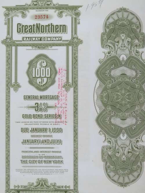 1945 Great Northern Railway Company, $1000 Gold Bond Certificate 23574