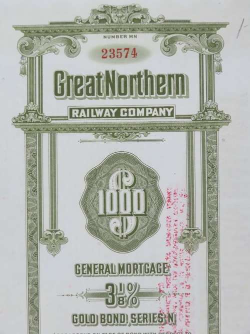1945 Great Northern Railway Company, $1000 Gold Bond Certificate 23574