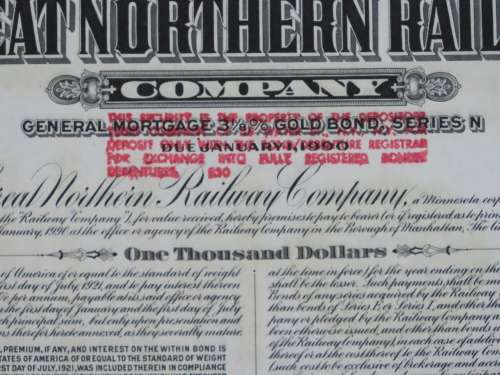 1945 Great Northern Railway Company, $1000 Gold Bond Certificate 23574