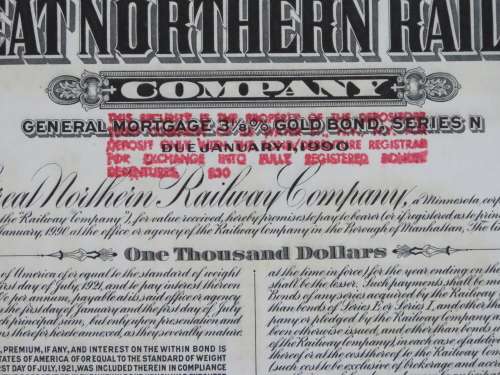1945 Great Northern Railway Company, $1000 Gold Bond Certificate 23574