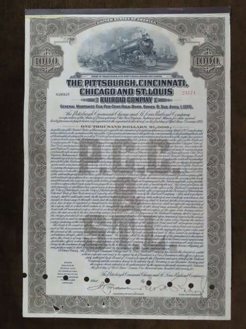 1925 Pittsburgh Cincinati Chicago and St Louis Railroad Company, $1000 Gold Bond Certificate 23174