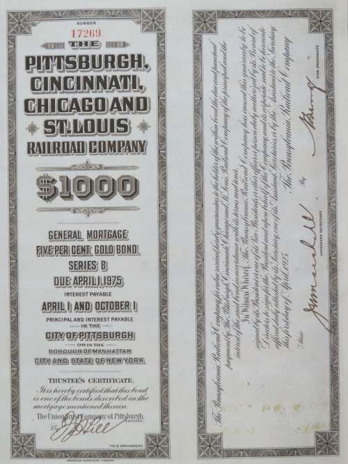 1925 Pittsburgh Cincinati Chicago and St Louis Railroad Company, $1000 Gold Bond Certificate 17269